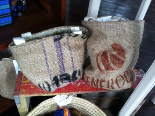 Manda made these tote bags out of upcycled burlap coffee bags.